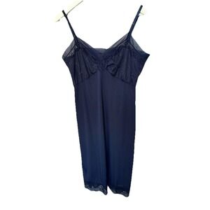 Vintage Van Raalte Full Slip‎ Women's Medium Navy Nylon Pin-Up Rockabilly Gothic